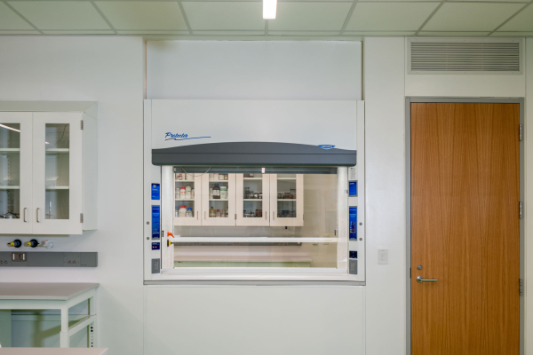 Chaney-Hale Hall fume hood window into another lab space